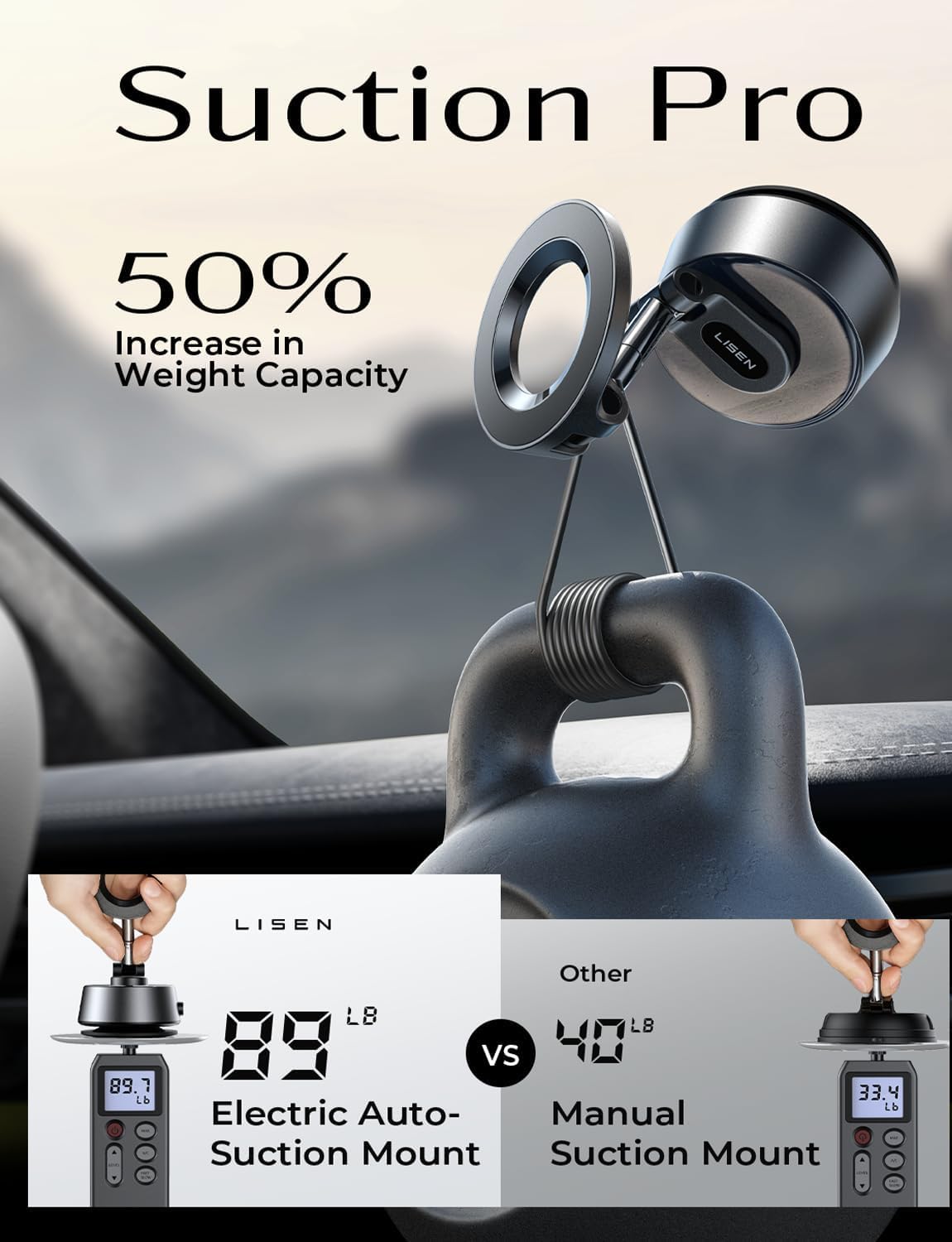 LISEN SuctionPro Phone Holder for Car【Auto Vacuum 3.0】, Magnetic Phone Holder with Suction Cup, Car Mount for Magsafe Universal Car Accessories Gifts for Men Women for iPhone 17 Pro Max Air 16 15 14