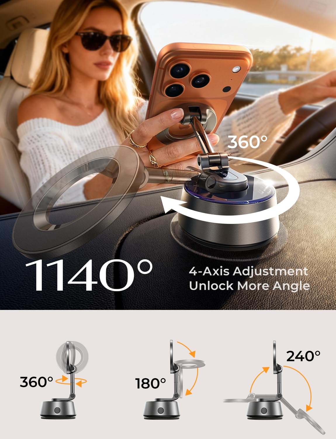 LISEN SuctionPro Phone Holder for Car【Auto Vacuum 3.0】, Magnetic Phone Holder with Suction Cup, Car Mount for Magsafe Universal Car Accessories Gifts for Men Women for iPhone 17 Pro Max Air 16 15 14